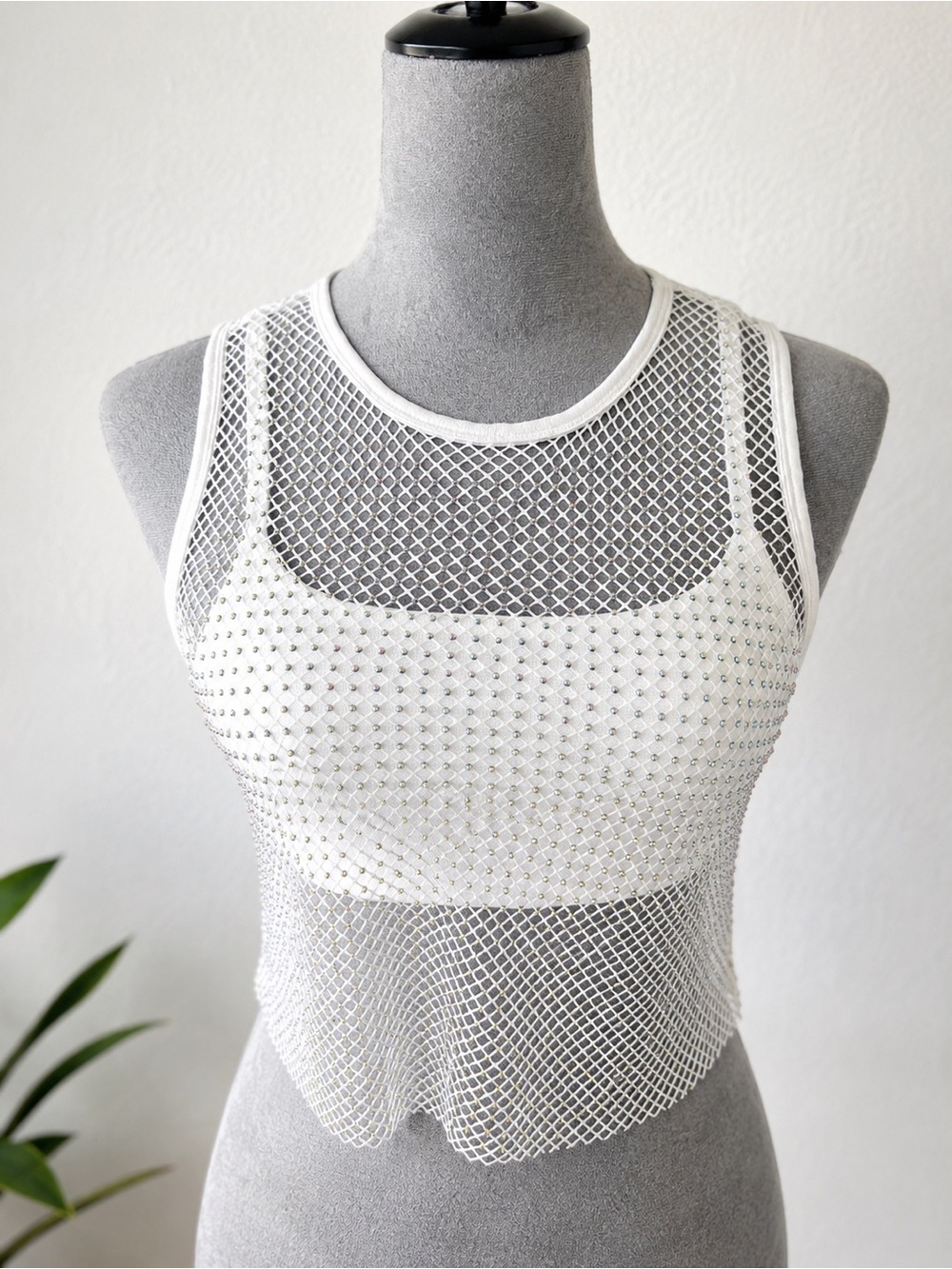 Madden NYC White Fishnet Rhinestone Tank Y2K Festival Mesh Top NWT Small
